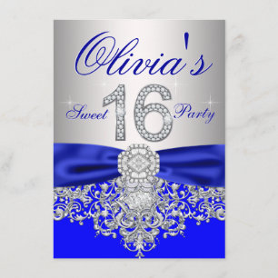 Diamonds Royal Blue en Zilver Sweet 16 Party Kaart