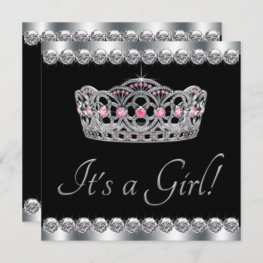 Diamonds Silver Tiara Roze Zwart Baby shower Kaart (Voorkant / Achterkant)