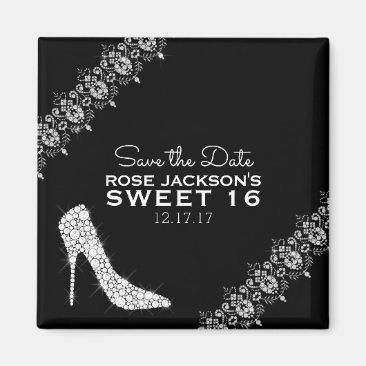 Diamonds Stiletto Heels Sweet 16 Save the Date B&W Magneet (Voorkant)