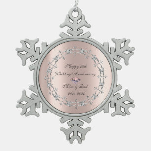 Diamonds Swirls Roos Gold 10th Wedding Jubileum Tin Sneeuwvlok Ornament