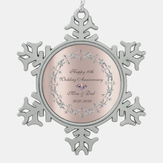 Diamonds Swirls Roos Gold 10th Wedding Jubileum Tin Sneeuwvlok Ornament (Voorkant)