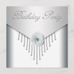 Diamonds White Rose Womans Birthday Party Invitati Kaart