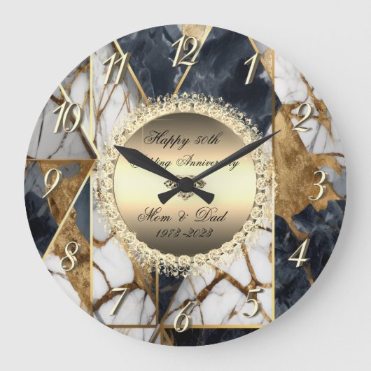 Diamonds Zwart Abstract Marmer 50ste Huwelijk  Grote Klok (Voorkant)