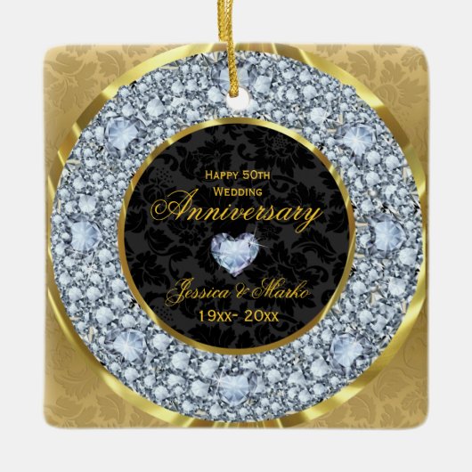 Diamonds, Zwart & Goud Damask 50e Jubileum Keramisch Ornament (Voorkant)