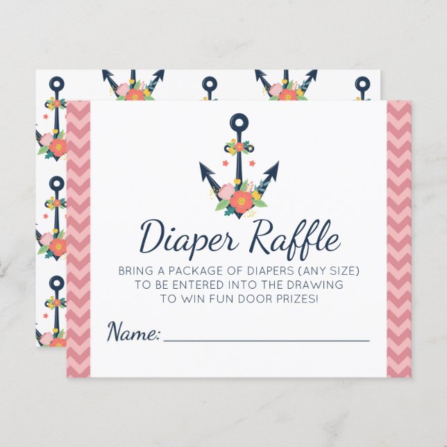 Diaper Baby shower Raffle Anchor Floral Girl Game (Voorkant / Achterkant)
