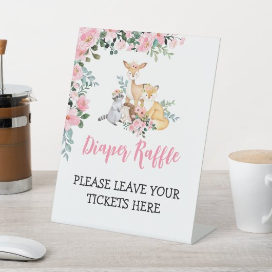 Diaper Baby shower Raffle Sign Woodland Girl Reclamebord Met Voetstuk (Insitu)