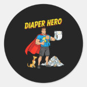 Diaper Hero Funny Cartoon Dad Design For New Fathe Ronde Sticker (Voorkant)