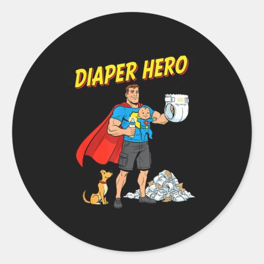 Diaper Hero Funny Cartoon Dad Design For New Fathe Ronde Sticker (Voorkant)