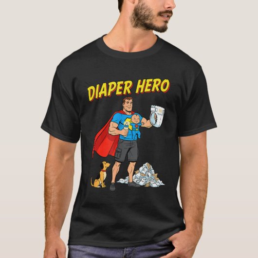 Diaper Hero Funny Cartoon Dad Design For New Fathe T-shirt (Voorkant)