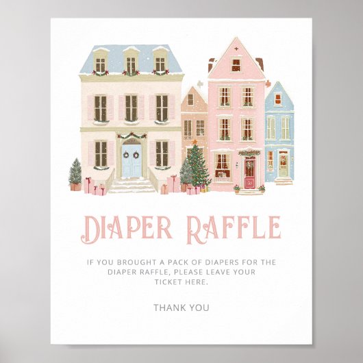 Diaper raffle Christmas village Pink Baby Shower Poster (Voorkant)