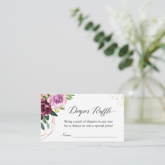 Diaper Raffle Elegant Paars Floral Baby shower Informatiekaartje (Staand voorkant)