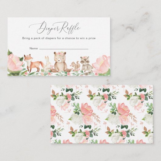 Diaper Raffle Girl Woodland Animals Baby shower En Informatiekaartje (Voorkant / Achterkant)