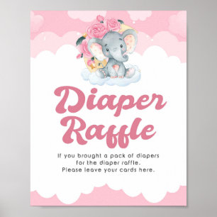 Diaper Raffle Pink Elephant Girl Baby shower Sign. Poster