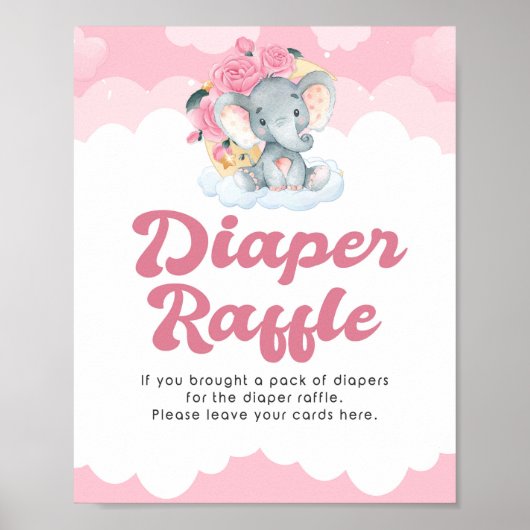 Diaper Raffle Pink Elephant Girl Baby shower Sign. Poster (Voorkant)
