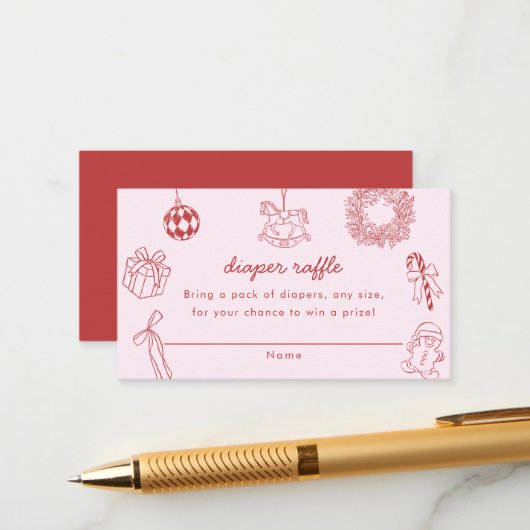 Diaper raffle red whimsical christmas winter girl informatiekaartje (Voorkant / Achterkant in situ)