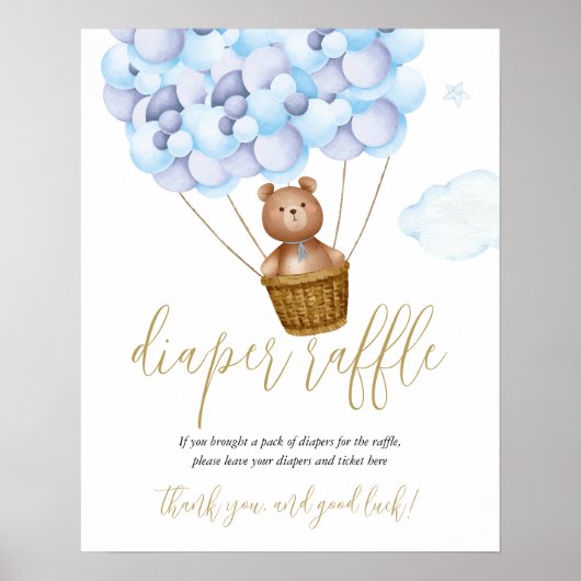Diaper Raffle Teddy Bear Blue Baby shower Sign Poster (Voorkant)