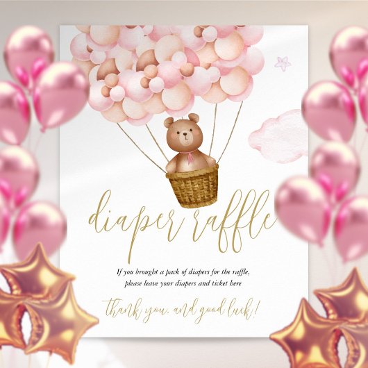 Diaper Raffle Teddy Bear Pink Baby shower Sign Poster