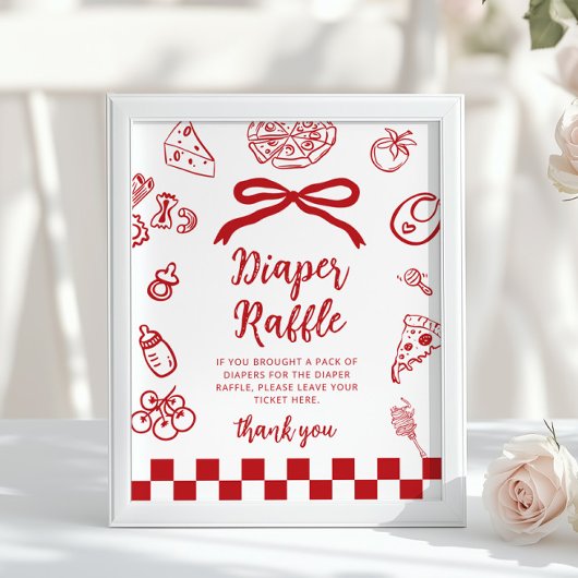 Diaper raffle Whimsical Red Bow Pizza Baby Shower Poster
