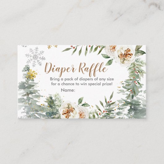 Diaper Raffle Winter White Floral Pine Trees Informatiekaartje (Voorkant)