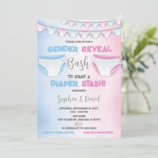 Diaper Stash Geslacht Reveal Luier Party Kaart (Staand voorkant)
