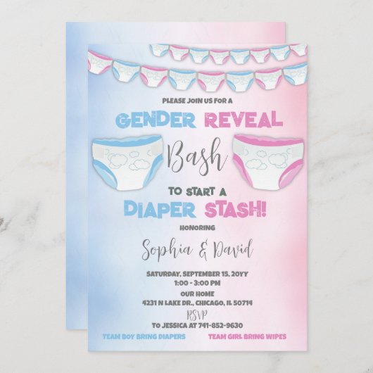 Diaper Stash Geslacht Reveal Luier Party Kaart (Voorkant / Achterkant)