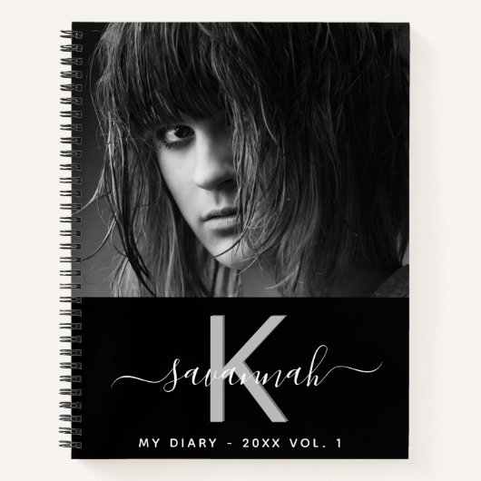 Diary black white foto monogram script notitieboek (Voorkant)