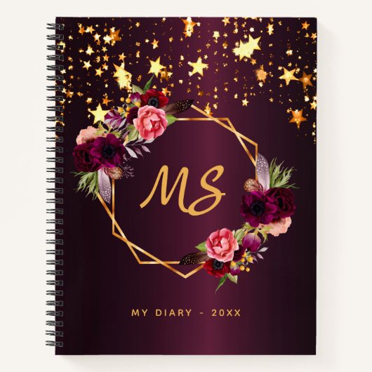 Diary burgundy Gold sterren geometrische bloemen Notitieboek (Voorkant)