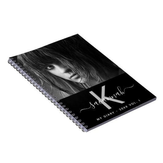 Diary foto black white monogram script notitieboek (Rechterzijde)