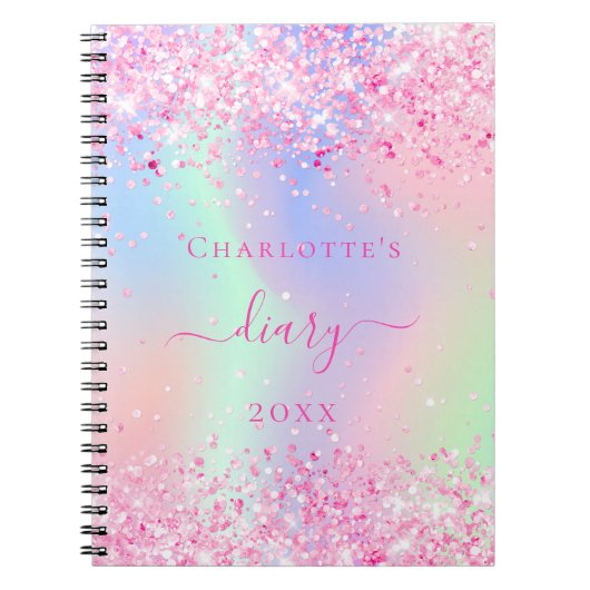 Diary roze glitter holographic unicorn name notitieboek (Voorkant)