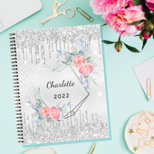 Diary Silver floral blush roze name 2022 Notitieboek
