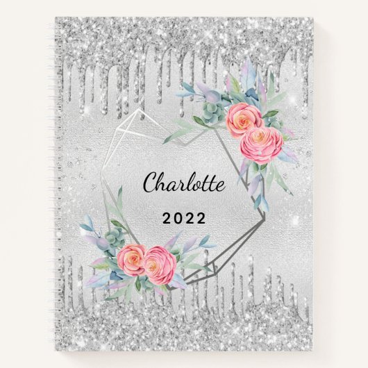 Diary Silver floral blush roze name 2022 Notitieboek (Voorkant)