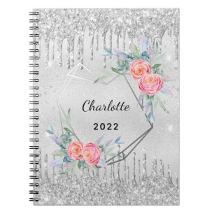 Diary Silver floral glitter blush roze naam Notitieboek