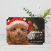 Dichte omhooggaand, van een rode speelgoedpoedel feestdagenkaart (Staand voorkant)