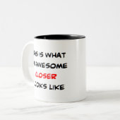 dichterbij, geweldige tweekleurige koffiemok (Voorkant links)