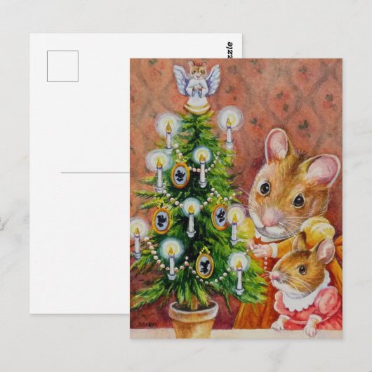 Dickens kerstboomtrimende muis kunst briefkaart (Voorkant / Achterkant)