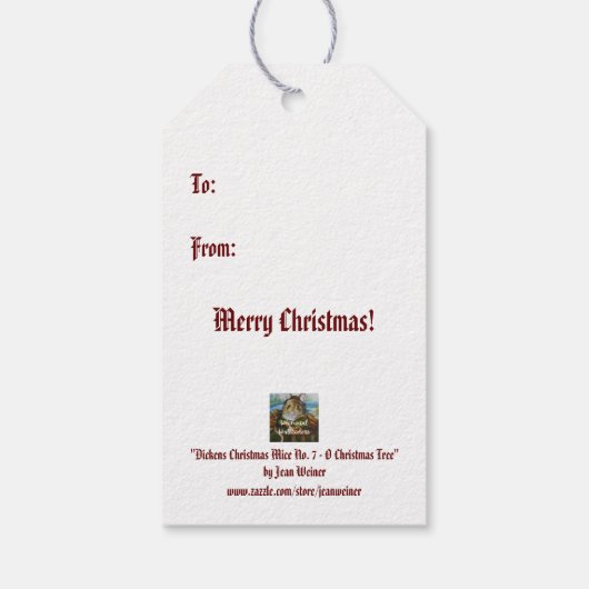 Dickens kerstboomtrimende muis kunst cadeaulabel (Achterkant)