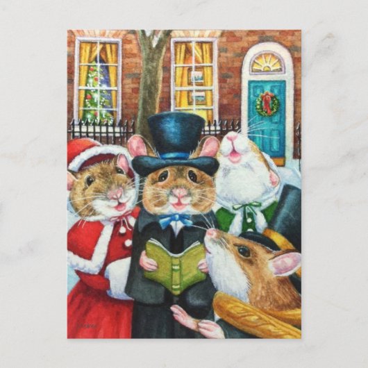 Dickens kerstCaroling Mice Waterverf Art Briefkaart (Voorkant)