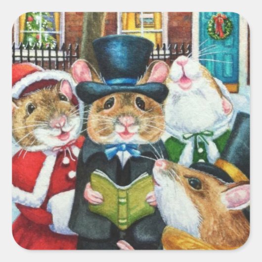 Dickens kerstCaroling Mice Waterverf Art Vierkante Sticker (Voorkant)
