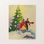 Dickens style Christmas illustration Legpuzzel<br><div class="desc">Old English Dickens style Christmas illustration with a family standing in the snow in front of a Christmas tree with bright burning candles.</div>