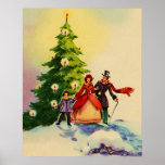 Dickens style Christmas illustration Poster<br><div class="desc">Old English Dickens style Christmas illustration with a family standing in the snow in front of a Christmas tree with bright burning candles.</div>