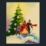 Dickens style Christmas illustration Poster<br><div class="desc">Old English Dickens style Christmas illustration with a family standing in the snow in front of a Christmas tree with bright burning candles.</div>