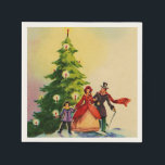 Dickens style Christmas illustration Servet<br><div class="desc">Old English Dickens style Christmas illustration with a family standing in the snow in front of a Christmas tree with bright burning candles.</div>