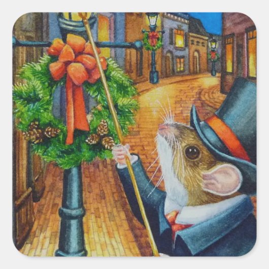 Dickens Waterverf met kerstlampjes Vierkante Sticker (Voorkant)