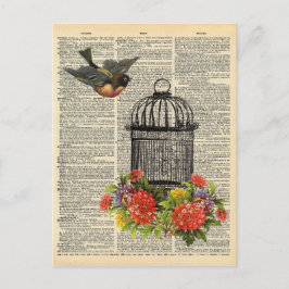  dictionary Art Bird and Cage met Flowers Briefkaart