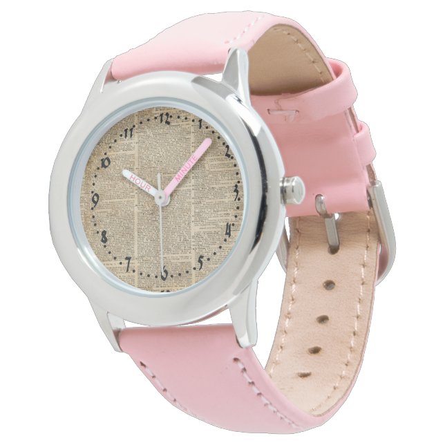  Dictionary Art Watch Roze Leder Horloge (Gekanteld)