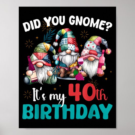 Did You Gnome Its My 40th Birthday 40 Year Old Gno Poster (Voorkant)