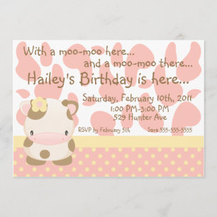 Diddles Boerderij Moo-Cow Pink Birthday Uitnodigin Kaart