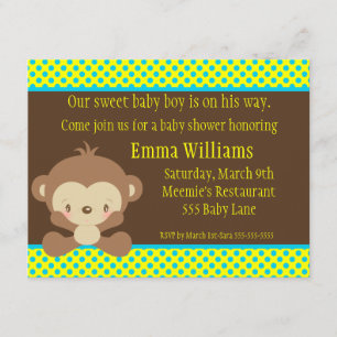 Diddles Monkey Boy Baby shower Invitation Kaart