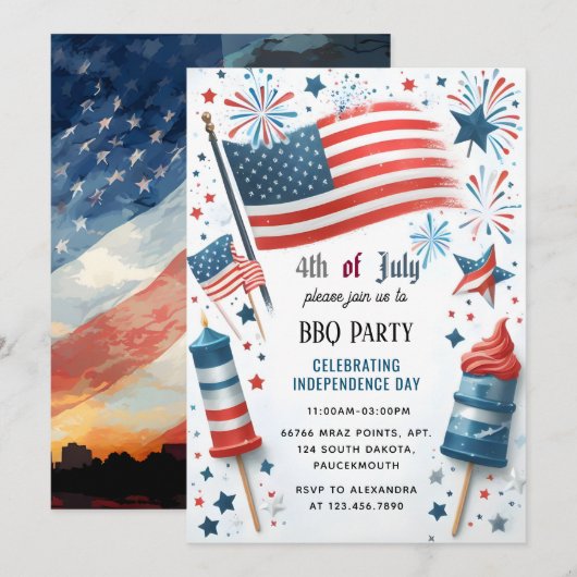 Die BBQ Rood Wit Blauw USA Vlag 4th van juli Party Kaart (Voorkant / Achterkant)