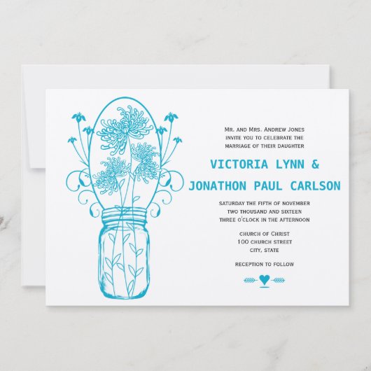 Die Cut Aqua Blue Mason Jar Wildflower Bruiloft Kaart (Voorkant)